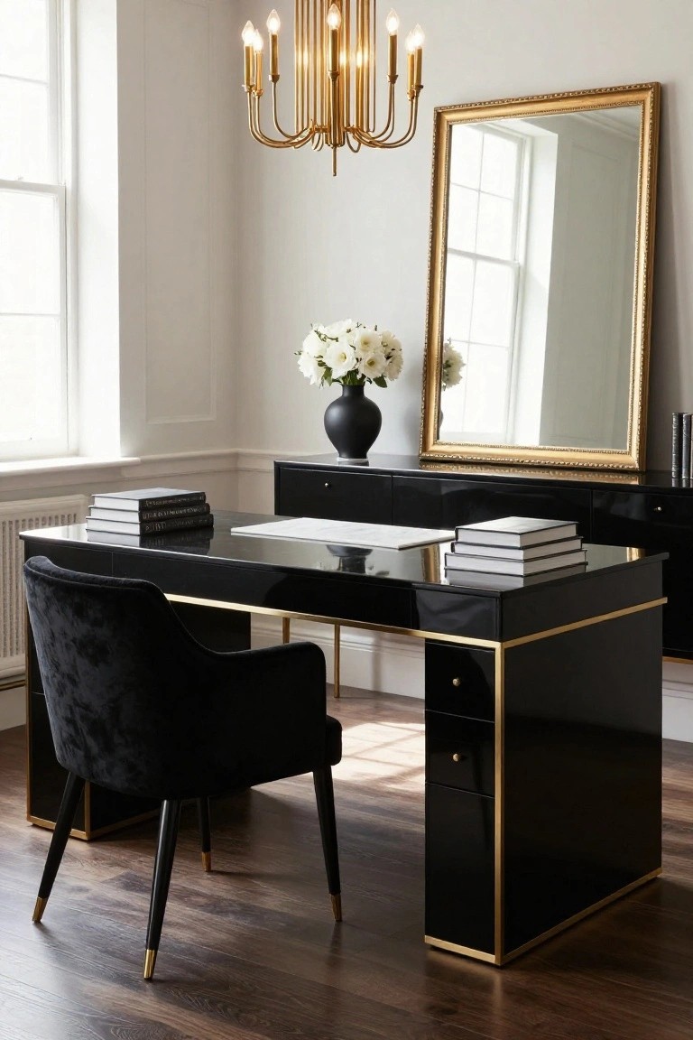 Home office interior with glossy black lacquer desk featuring brass edges and pedestal, black velvet armchair, gold chandelier, large gold-framed mirror, black vase of white flowers, and stacked books on the desk.