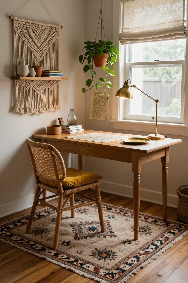 Cozy home office corner with wooden desk, rattan chair with yellow cushion, macrame wall hanging, floating shelf with pottery and books, hanging plant, gold desk lamp, and patterned rug on wood floor near window.