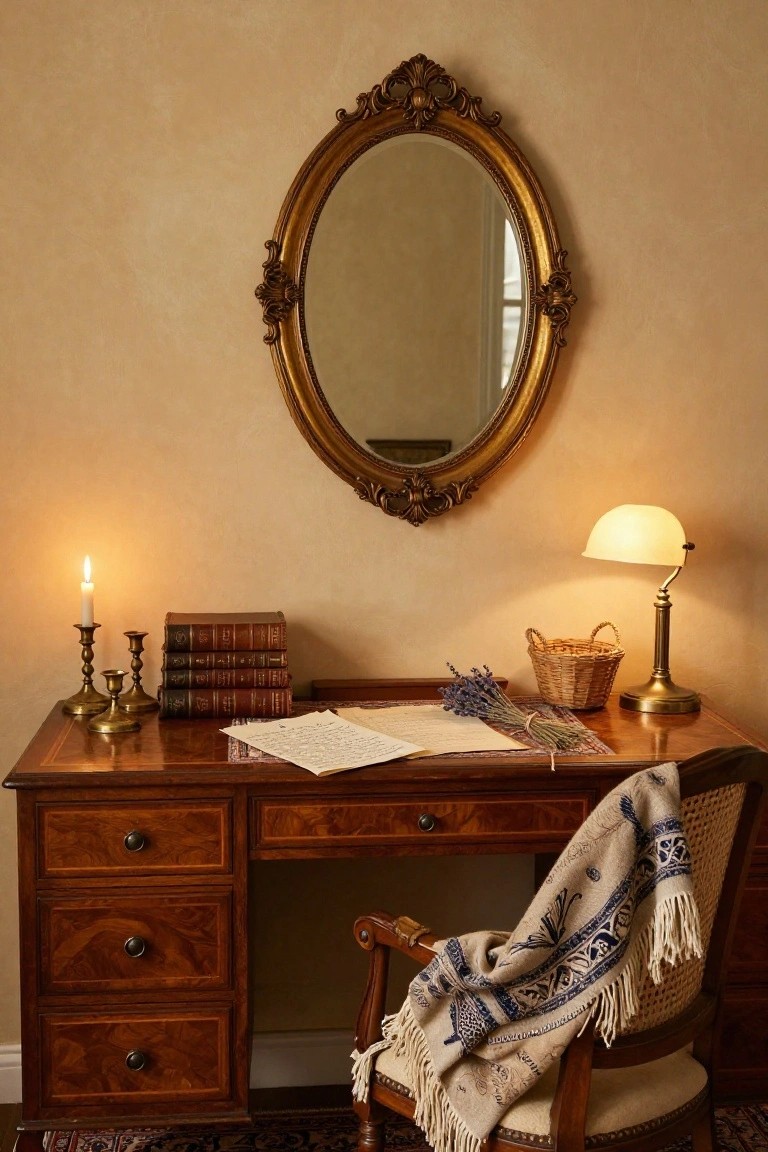 Wooden writing desk with drawers holding papers, old books, brass candlesticks, lamp, lavender bundle, and wicker basket; ornate gold mirror on beige wall; cane chair draped with blue and white patterned throw.