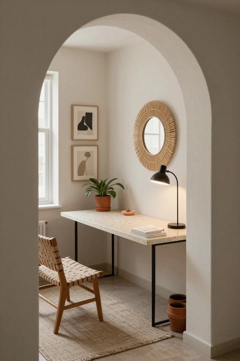 Arched doorway framing a home office nook with terrazzo-top desk on black metal legs, tan rattan cord chair, black desk lamp, large round woven rattan mirror, potted plants, two abstract framed prints on white walls, and terracotta pots on beige rug.