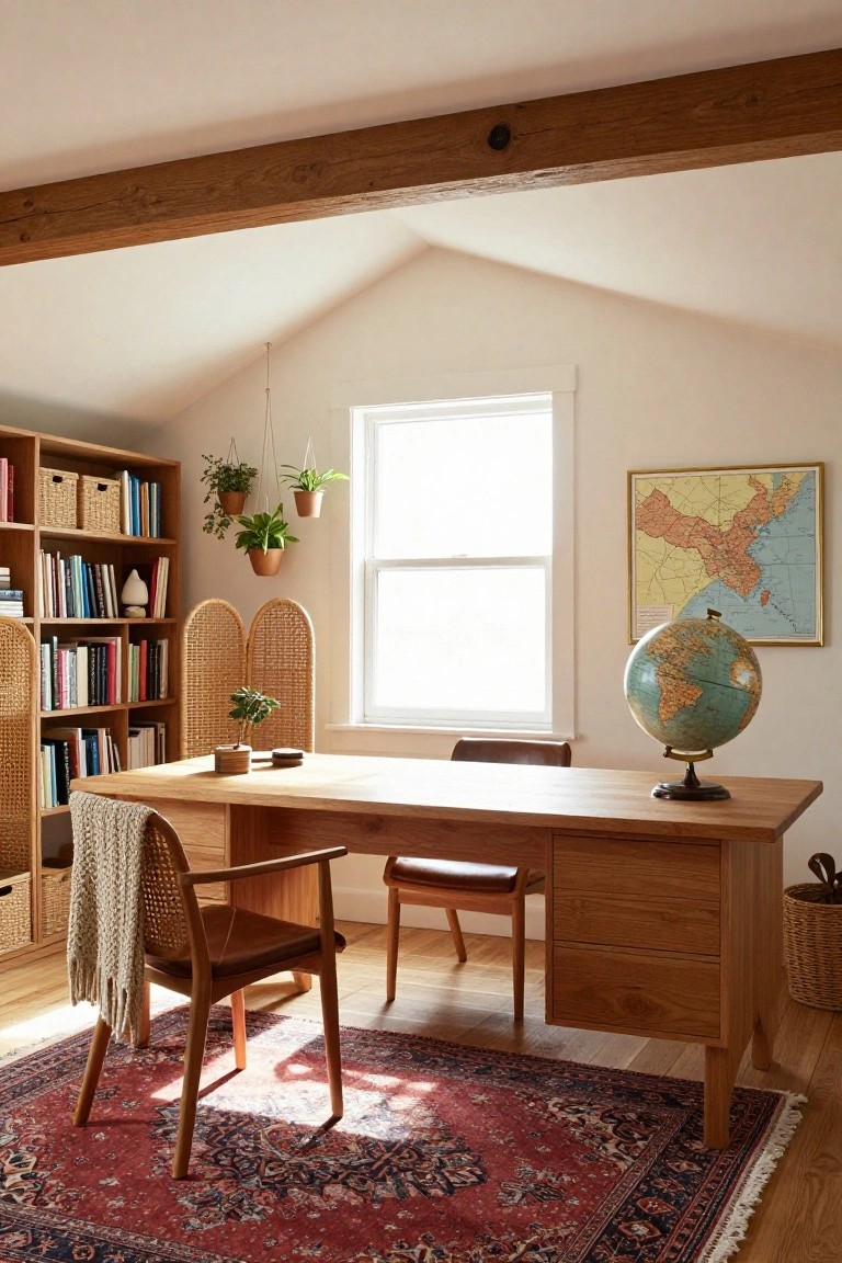 Sunlit wooden desk with chair, globe, and bookshelves in bright attic office.