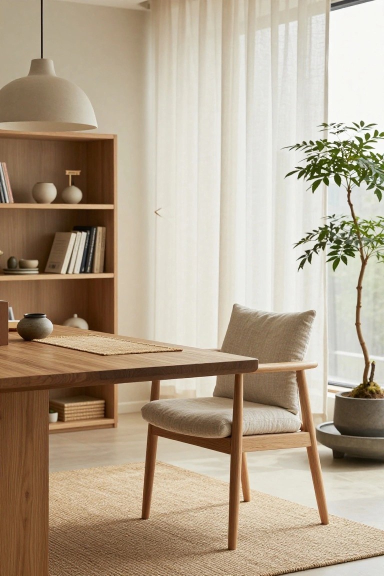 A light-filled interior room with an oak wood table used as a desk, wooden bookshelves stocked with books and ceramics, a beige linen armchair, potted plants including a tall tree, a hanging cream lamp, seagrass rug, and sheer curtains by a large window.