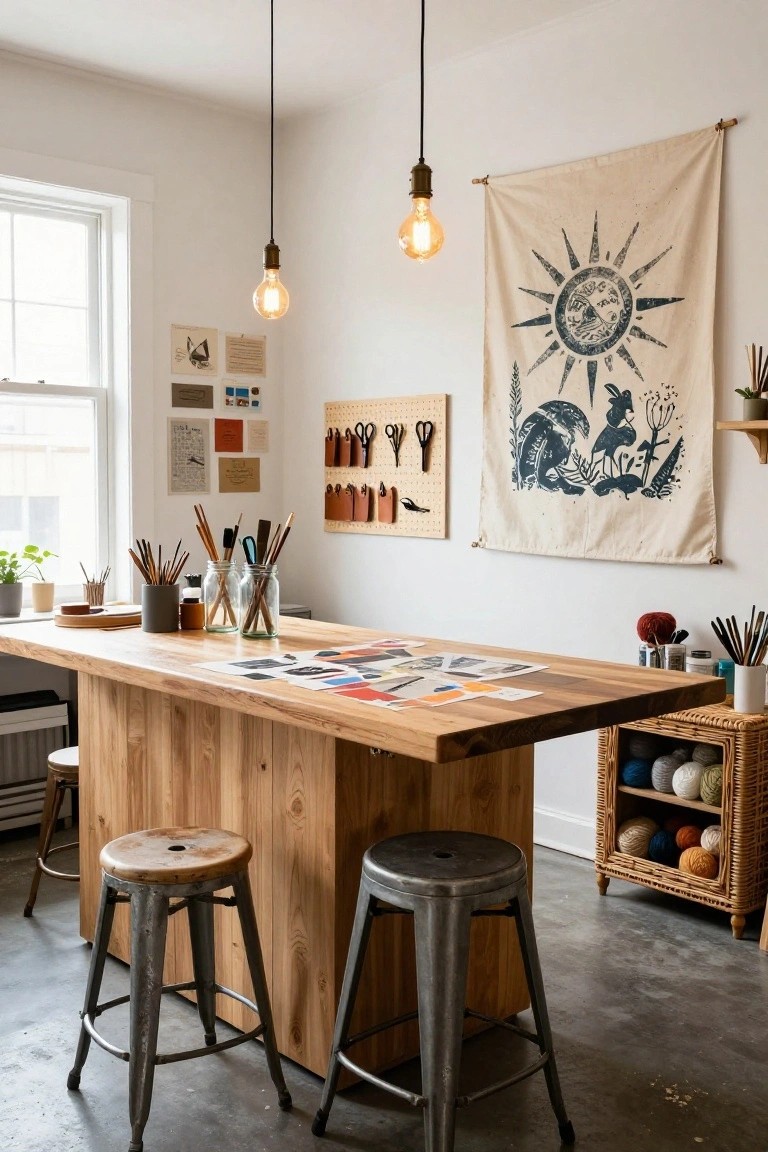 A boho office studio with a large rectangular wooden workbench topped with art prints, brushes in jars, and sketches, flanked by wooden and metal stools, under hanging bulb lights, next to a wall-hung tapestry and pegboard tool storage.