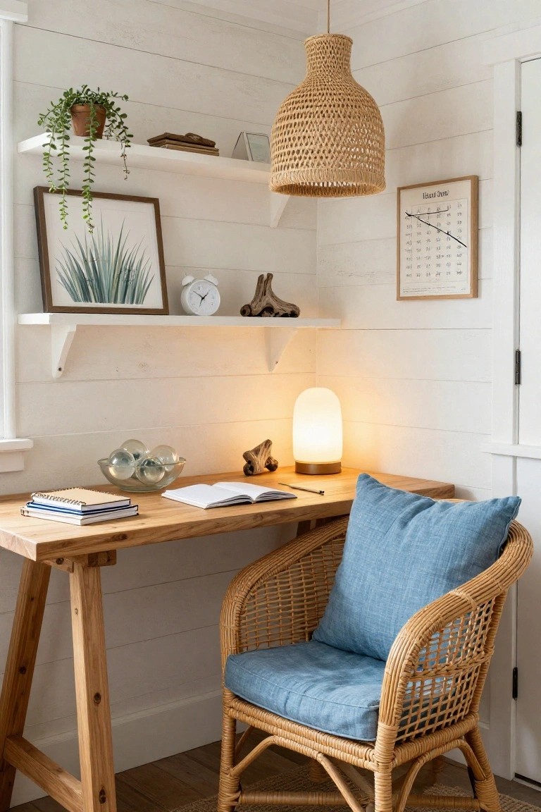 Cozy wooden desk with woven chair, lamp, and floating shelves.