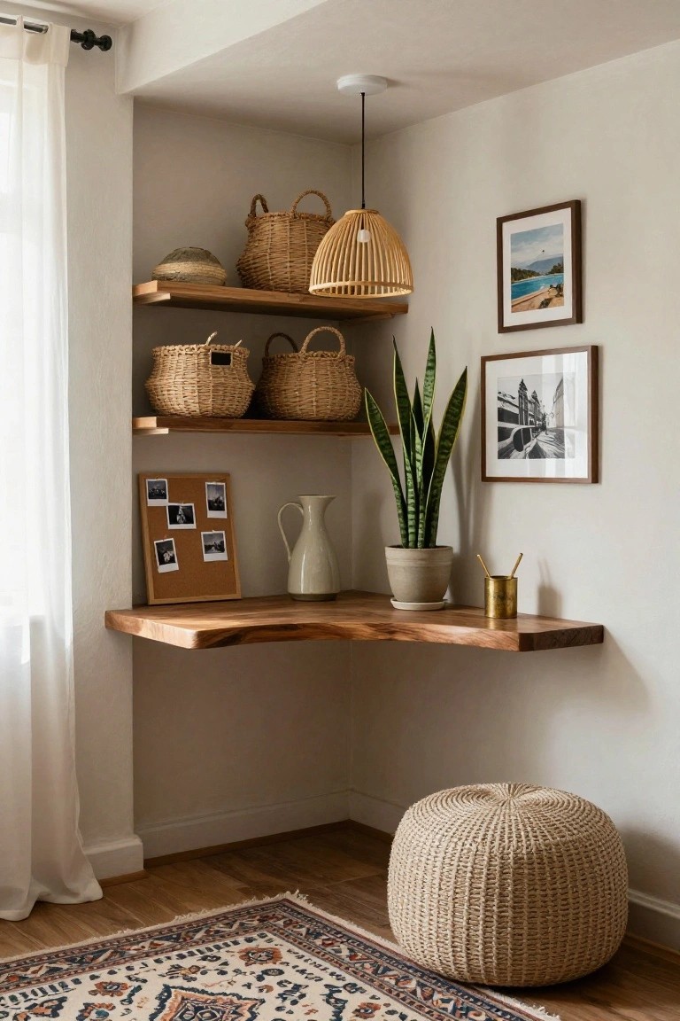 Corner indoor workspace with floating wooden L-shaped desk and shelves displaying woven baskets, hat, snake plant in gray pot, white pitcher, corkboard with photos, framed pictures, gold cup with straws, rattan pendant light, sheer curtain, woven pouf stool, and patterned rug on wood floor.