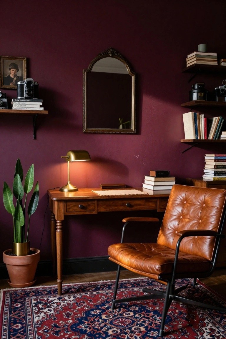 Home office corner with deep purple walls, wooden desk topped with books and lamp, tufted brown leather armchair, potted snake plant, bookshelves holding books and vintage cameras, ornate mirror, and patterned rug on wood floor.