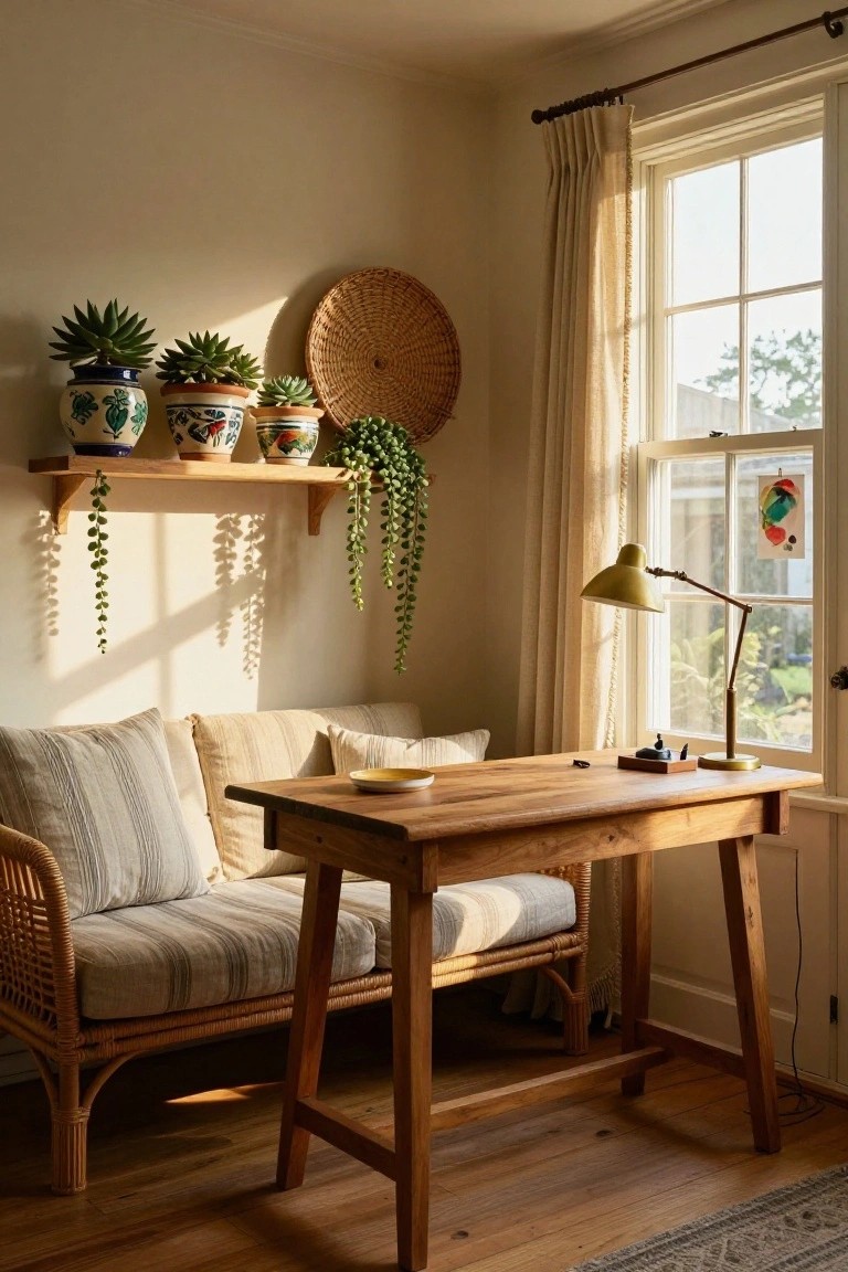 Cozy indoor corner with a wooden desk positioned against a rattan bench with beige cushions, plant shelves on the wall, trailing plants, a green-shaded lamp, and a window with sheer curtains letting in sunlight.
