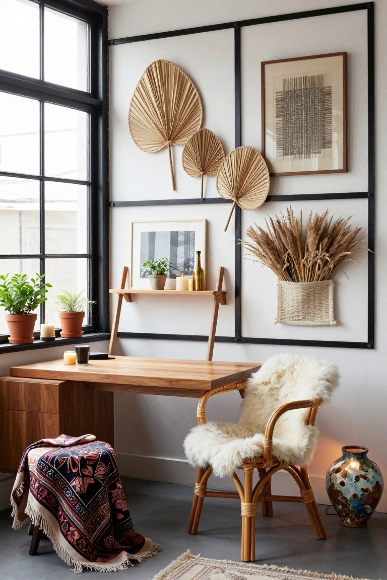 Home office corner featuring a wooden desk and rattan chair with white sheepskin, wooden shelf with plants and candles, black metal wall frames holding dried palm leaves, pampas grass, artwork, and a woven basket next to a large multi-pane window.