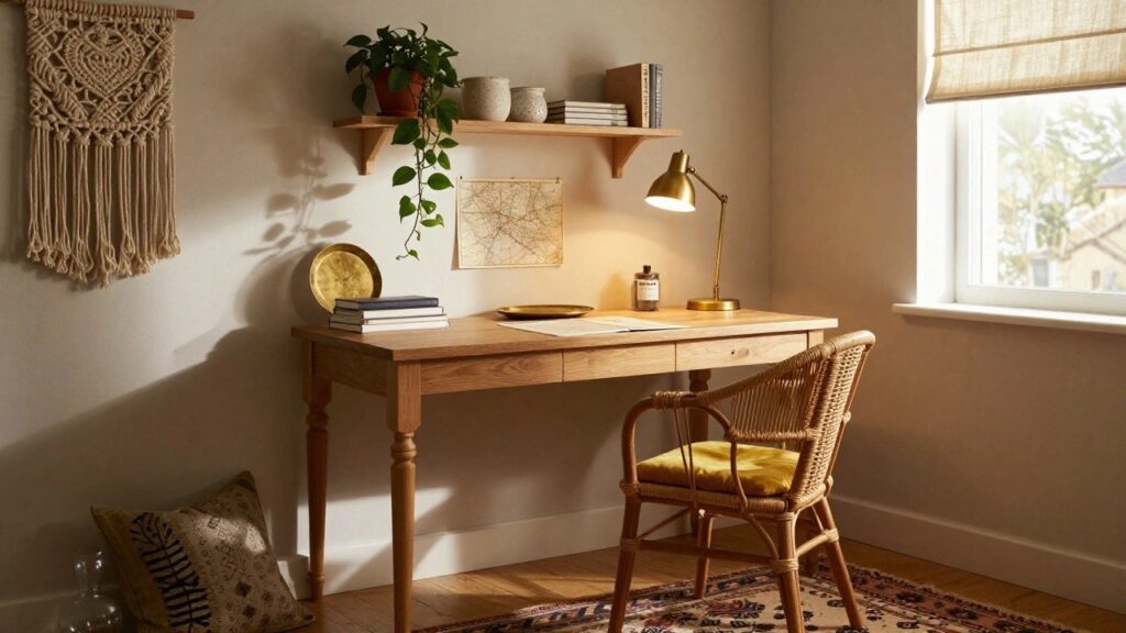 Cozy home office corner with wooden desk, rattan chair with yellow cushion, macrame wall hanging, floating shelf with pottery and books, hanging plant, gold desk lamp, and patterned rug on wood floor near window.