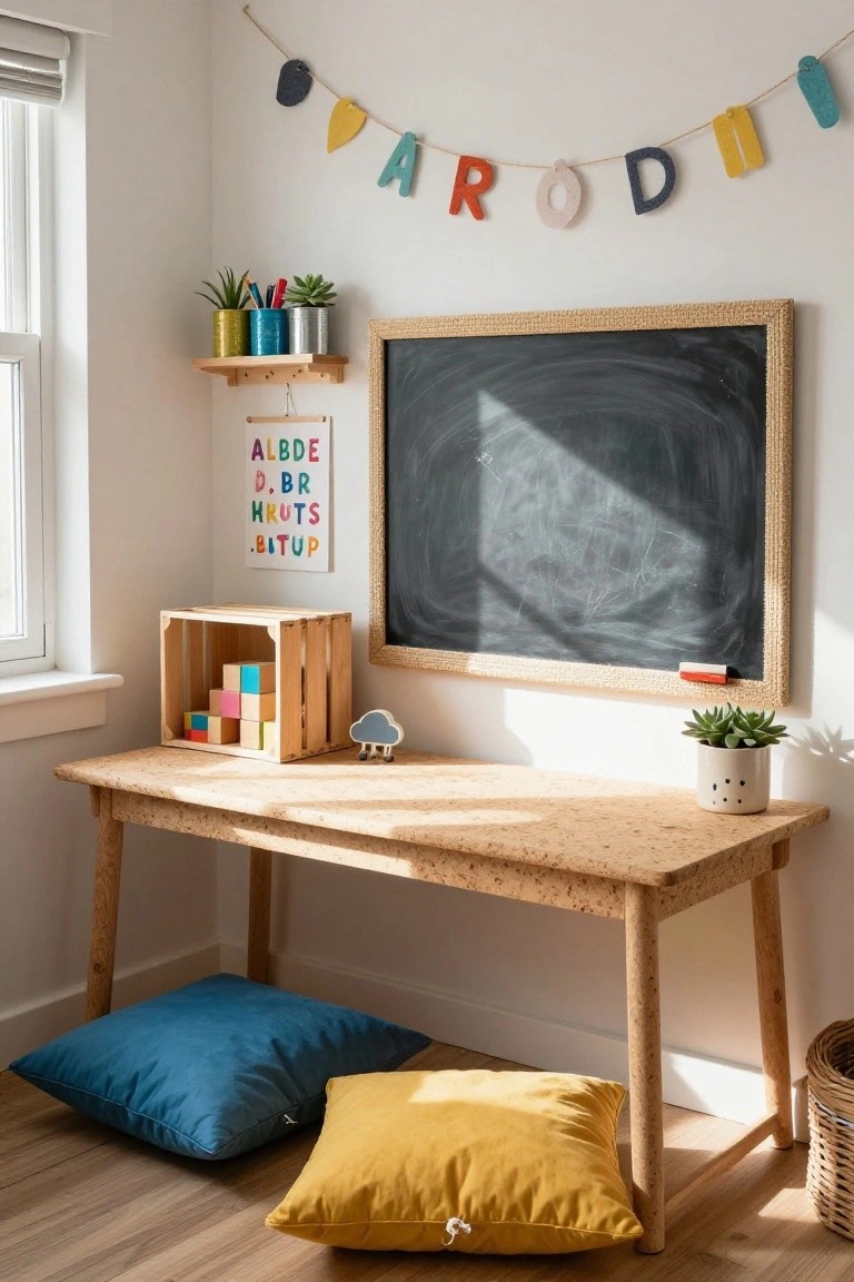 Brightly lit kids' room corner with a natural cork wood desk, blue and yellow floor cushions, wooden crate holding colorful blocks, blackboard on the wall, plants in cans on a shelf, and a garland banner above.