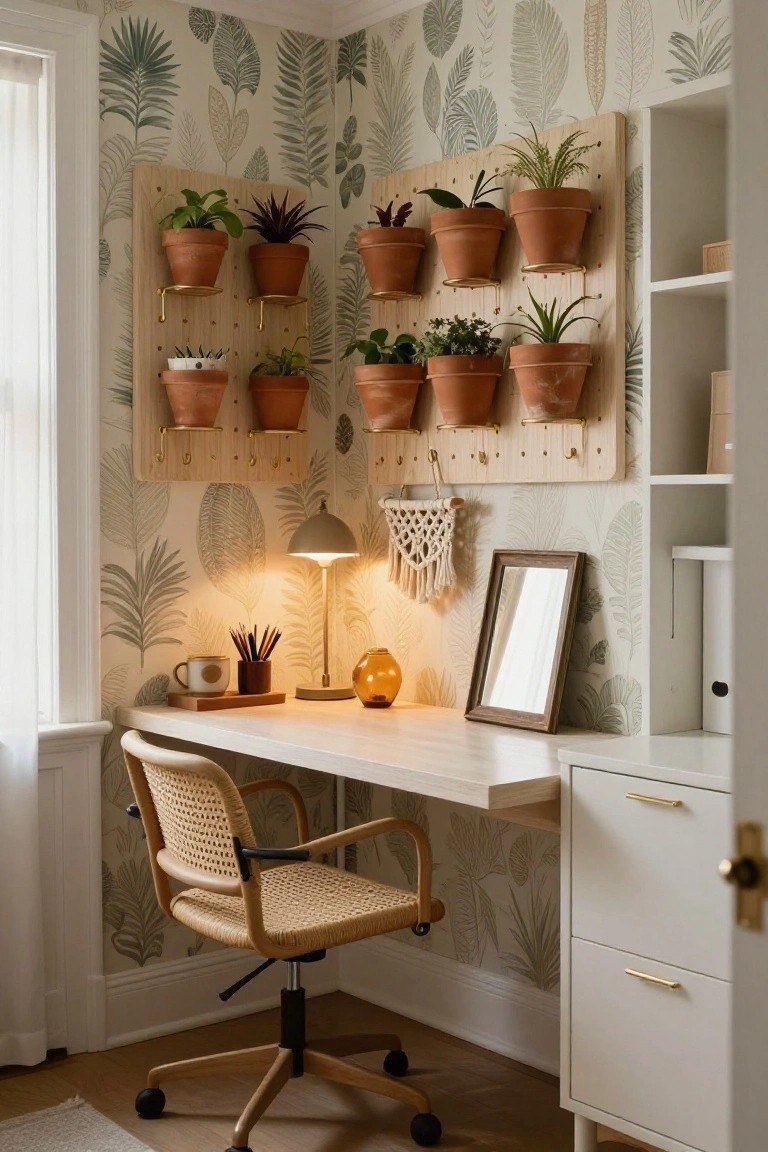 Home office corner featuring green leaf-patterned wallpaper, wooden pegboard wall with multiple terracotta pots holding plants, white desk with rattan chair, desk lamp, and small mirror.