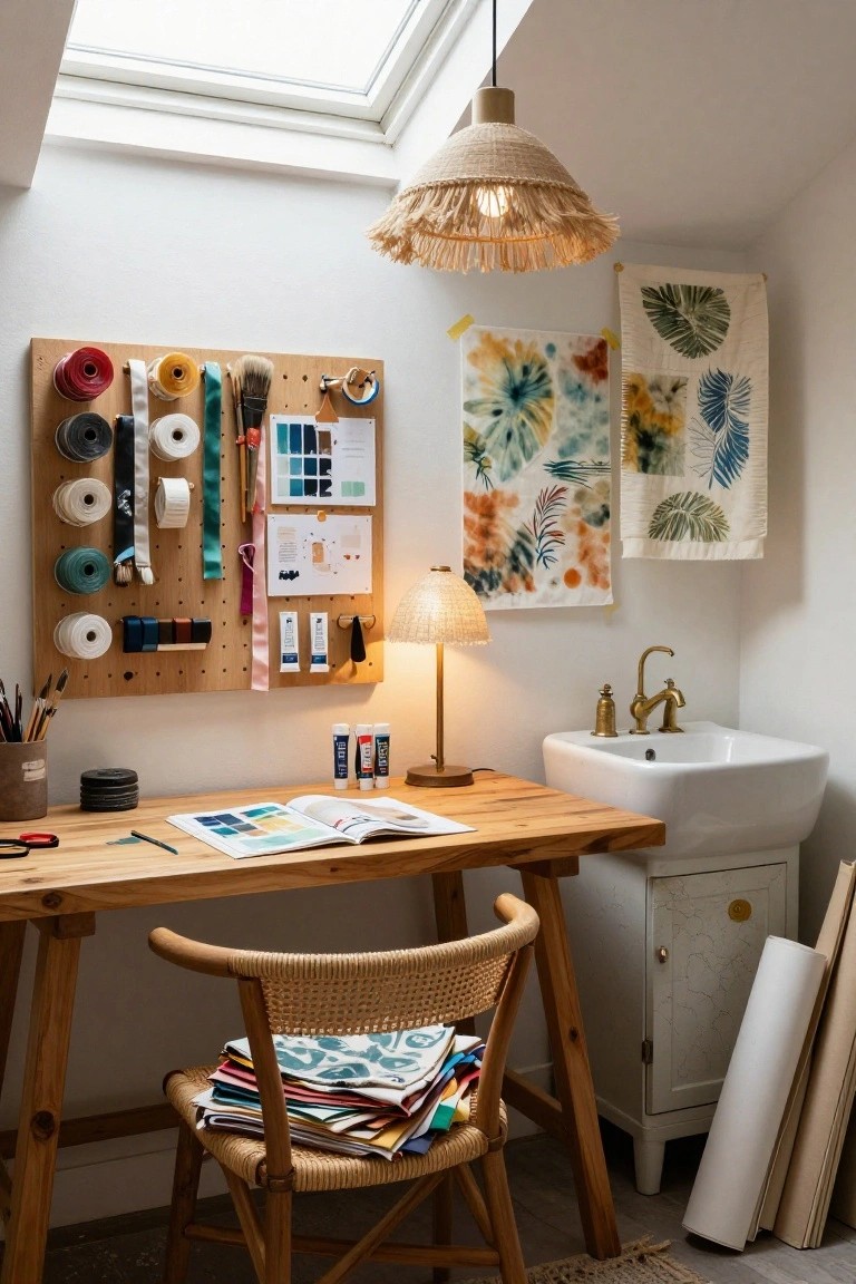 Attic home office with skylight, pegboard wall holding colorful spools, brushes, tapes, and papers, wooden desk with rattan chair stacked fabrics, white sink cabinet, and hanging batik-style wall hangings.