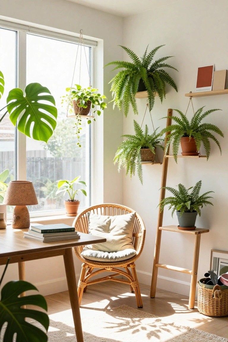 Bright indoor office corner with wooden desk, rattan armchair, multiple potted and hanging plants including ferns and monsteras near a large window, wooden shelves, and natural light.