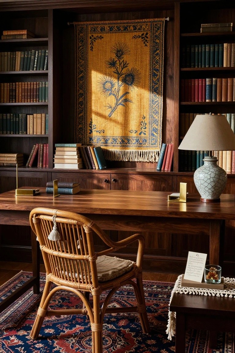 A home office with dark wood floor-to-ceiling bookshelves filled with books, a large yellow tapestry with blue floral embroidery hanging on the wall, a wooden desk with gold bookends and stacks of books, a rattan armchair with beige cushion, a table lamp, ceramic vase, and blue Persian rug on the floor.