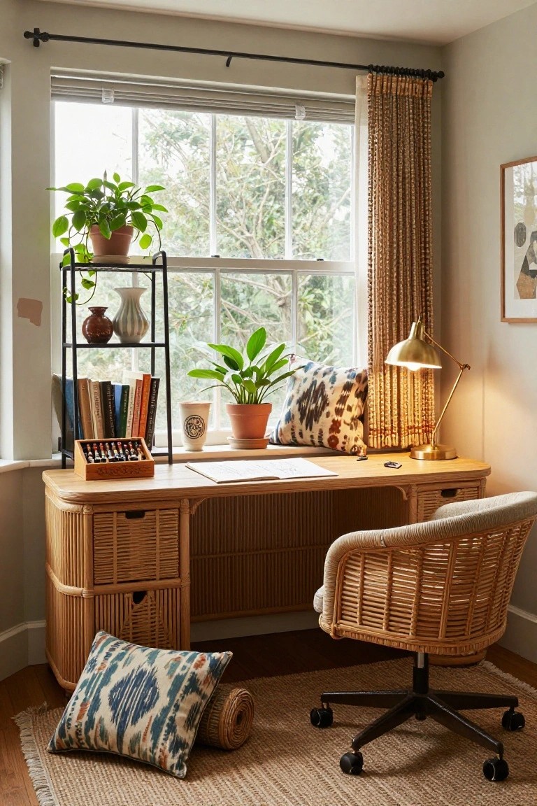 Home office corner featuring a curved rattan desk with drawers, rattan chair on wheels, potted plants on shelves and windowsill, books, lamp, and view of trees through a large window with beaded curtains.