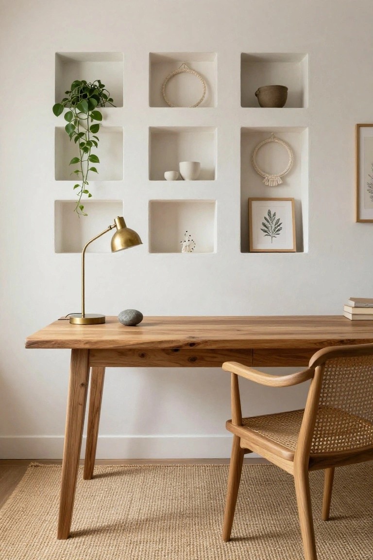 White wall with six recessed square niches displaying a trailing plant, ceramic pots and bowls, macrame hoops, a framed leaf print, and small decorative items, beside a live-edge wooden desk with gold lamp, pebble, books, rattan chair, and jute rug.