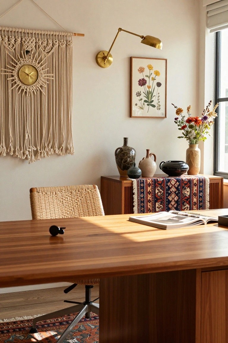 Home office with wooden desk and rattan chair in front of a credenza displaying assorted pottery vases, a black teapot, and flowers on a colorful woven runner, macrame wall hanging with clock, framed botanical print, adjustable lamp, and window with blinds.