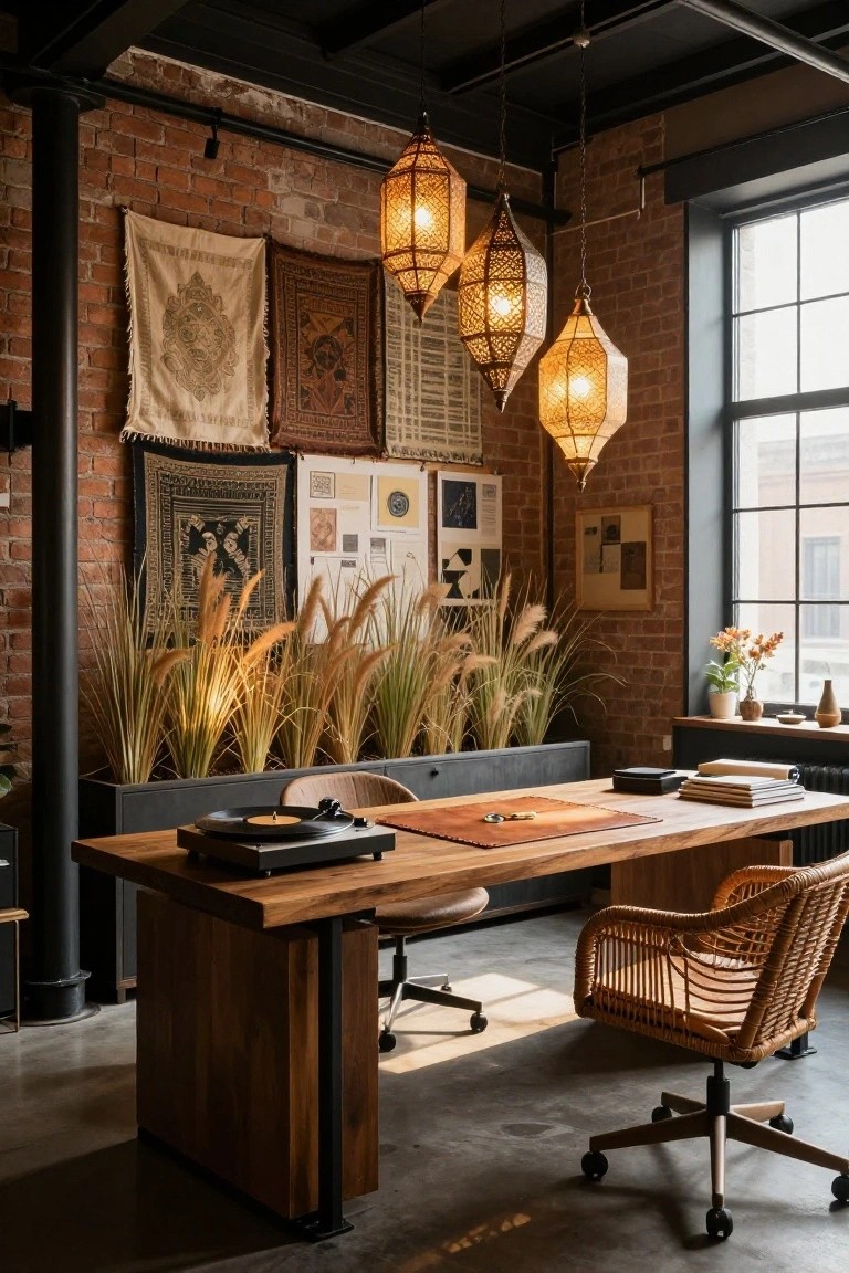 Industrial-style home office with exposed brick walls hung with patterned textiles, multiple hanging lantern lights, tall pampas grass in a long black metal trough planter, wooden desk topped with a record player, rattan chair, and office chair nearby.