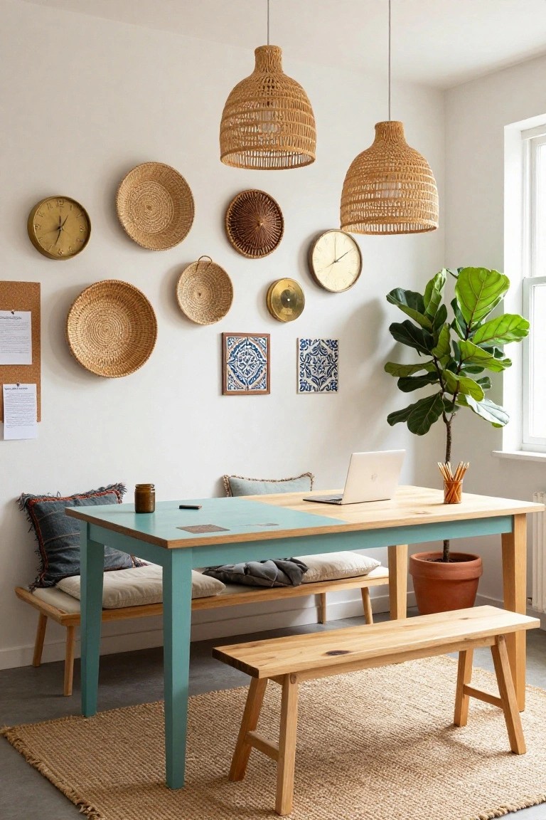Home office nook featuring a turquoise wooden table with benches, a laptop, woven basket wall hangings in various sizes, rattan pendant lights, clocks, tiled art, a potted ficus plant, and a seagrass rug.