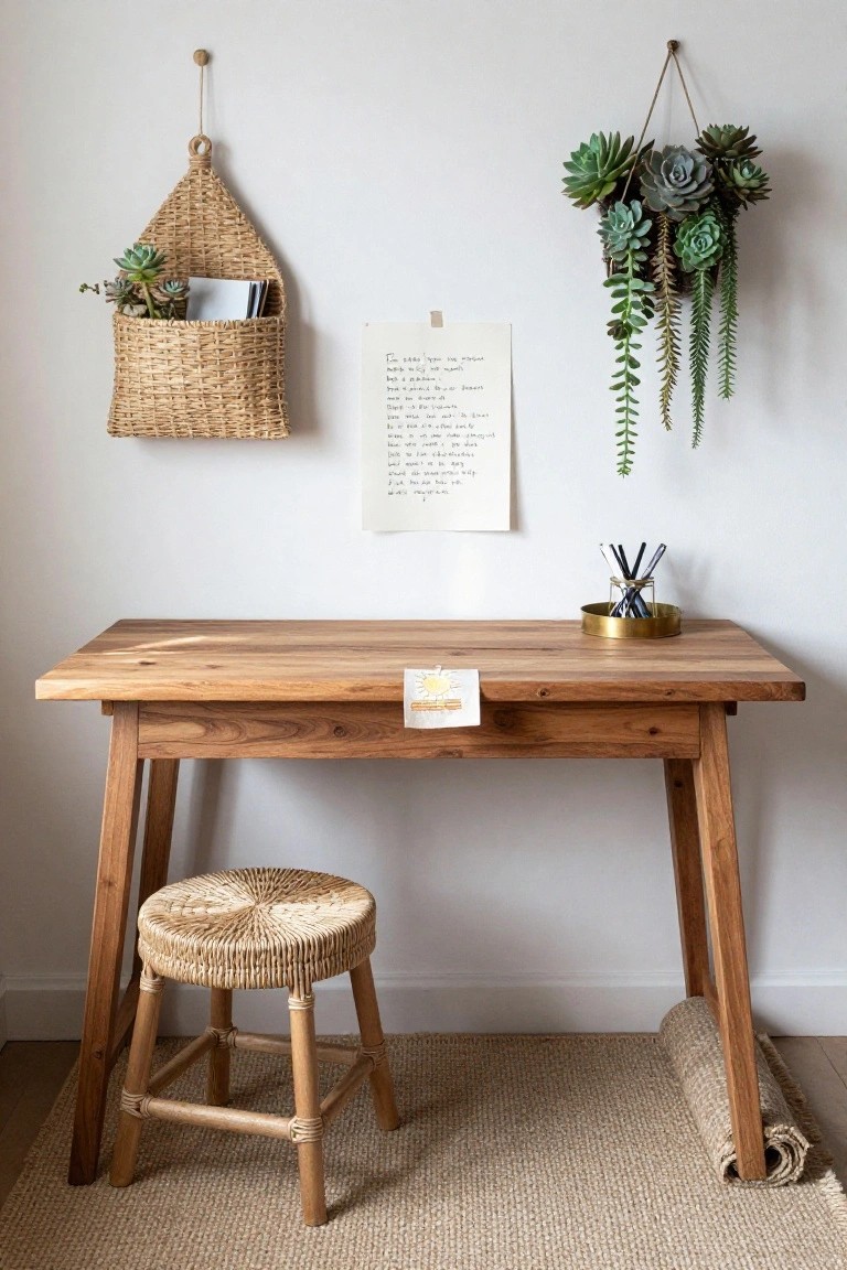 Wooden desk with tapered legs and woven rattan stool on a seagrass rug, with hanging rattan baskets containing succulents and notebooks, a cluster of succulents in another hanging planter, handwritten note on wall, and brass tray holding pens on desk.