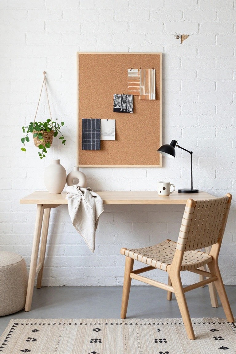 Light wooden desk with woven cord chair in a white brick room, corkboard with fabric swatches on wall, hanging plant, desk lamp, mug, and beige rug on floor.