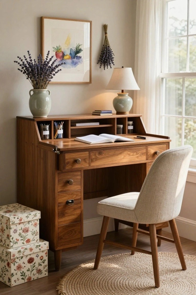 Wooden secretary desk with hutch, drawers, and cubbies holding pens and jars, paired with a cream upholstered chair in a beige room near a window with sheer curtains, lavender vases, and framed artwork.