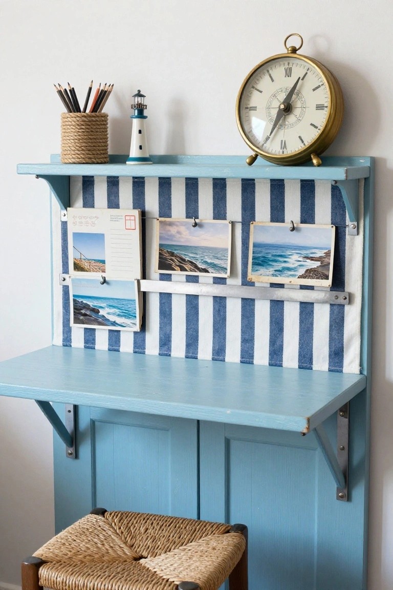 Wall-mounted blue desk setup with striped fabric bulletin board holding seascape postcards, small lighthouse figurine, pencil holder, brass clock, and wicker stool below against a white wall.