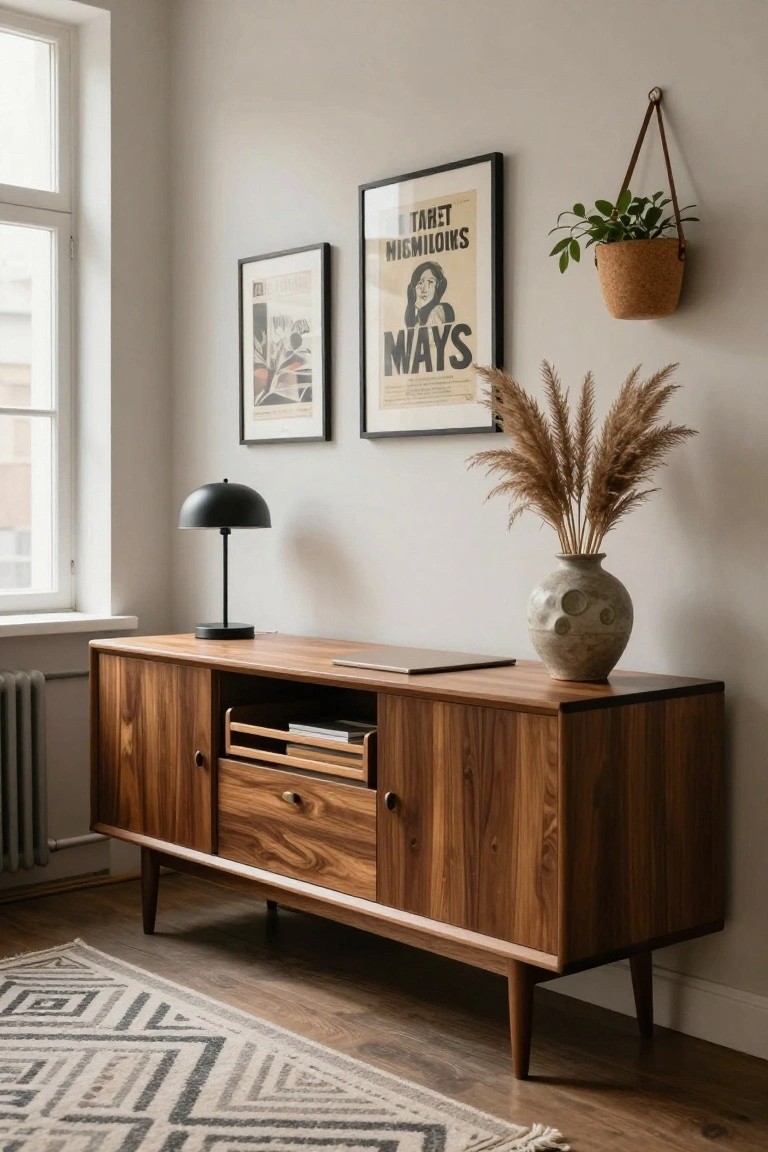 Walnut credenza with tapered legs and doors in a beige room, topped with laptop, books, and black lamp next to a textured vase of pampas grass, with wall art, hanging plant, and window visible.