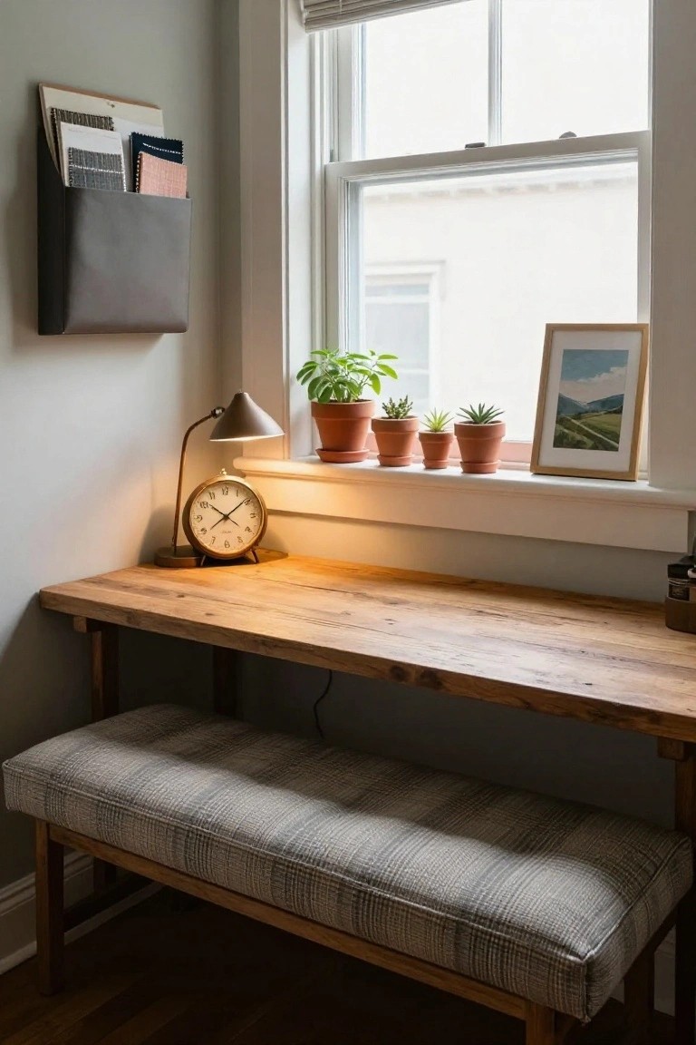 Corner indoor office nook featuring a wooden desk with bench seating underneath, brass desk lamp and clock on the desk, potted plants on the windowsill, framed landscape photo, and leather wall-mounted file organizer next to a large window.