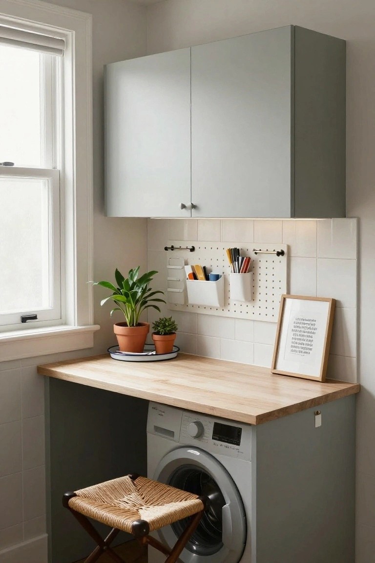 Compact laundry room workspace with light wood desk countertop over a white front-loading washer, gray upper cabinets, white subway tile backsplash, pegboard organizers, potted plants, and woven stool.