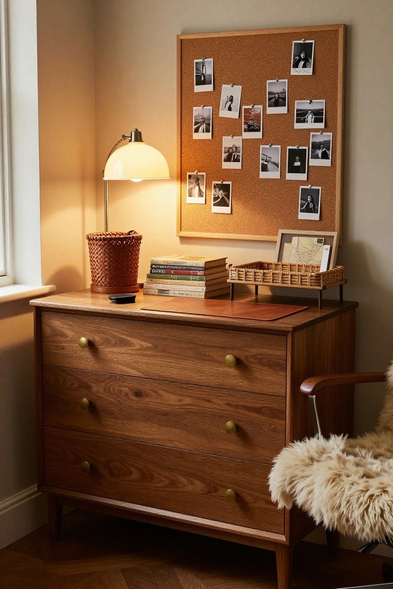 Wooden mid-century style dresser used as a desk in a room corner, topped with books, leather mat, and basket, beside a lamp, cork bulletin board with photos, and sheepskin chair.