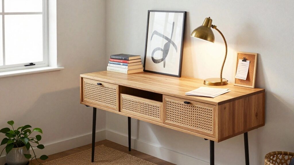 Wooden desk with rattan cane fronts on six drawers, black metal hairpin legs, open notebook and books on top, gold desk lamp, potted plant, and window in a white room.