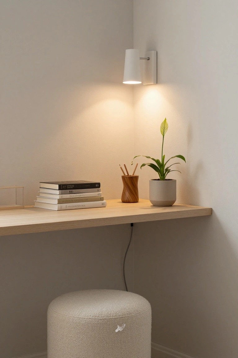 Corner wall with floating light wood shelf holding stacked books, wooden pencil holder with pencils, and potted green plant next to wall-mounted white lamp, beige fabric stool on floor below, white walls.