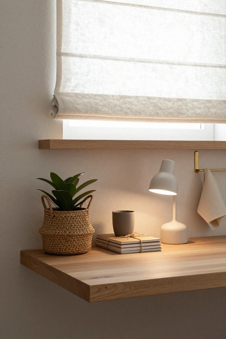 Minimalist wooden shelf with woven basket, lamp, and neutral decor.