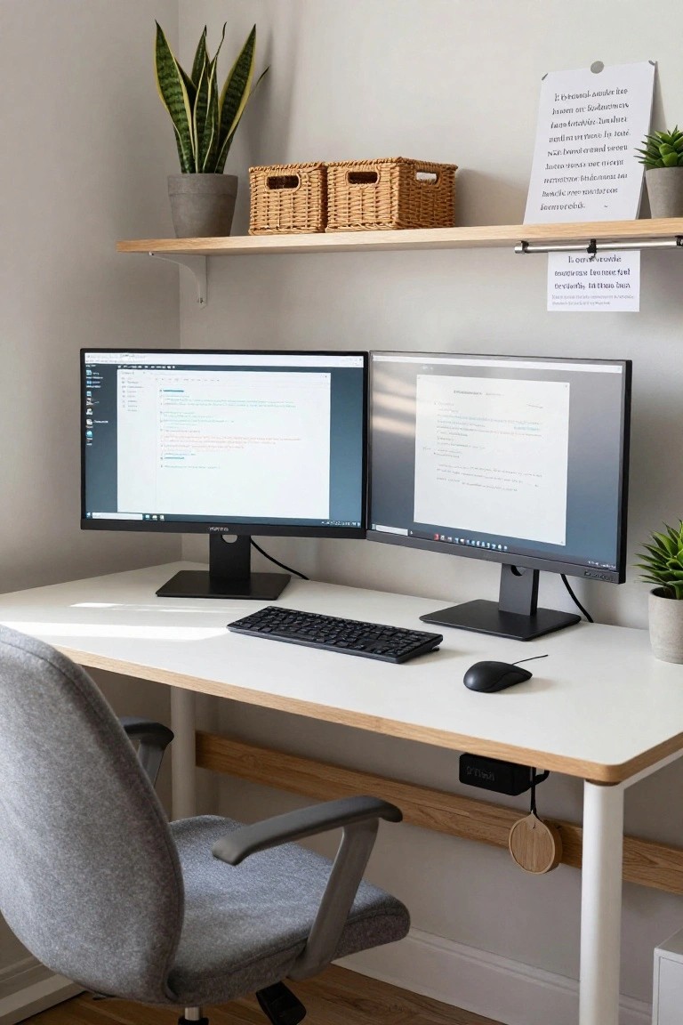 Modern desk setup with dual monitors, keyboard, and ergonomic chair.