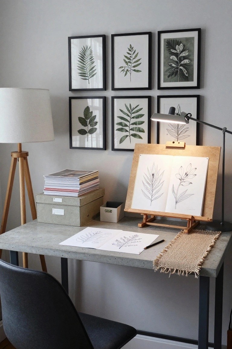 Home office with light gray walls displaying six black-framed botanical leaf prints, concrete desk holding papers and pencil, wooden easel with leaf sketches, tripod floor lamp, storage boxes, and black chair.