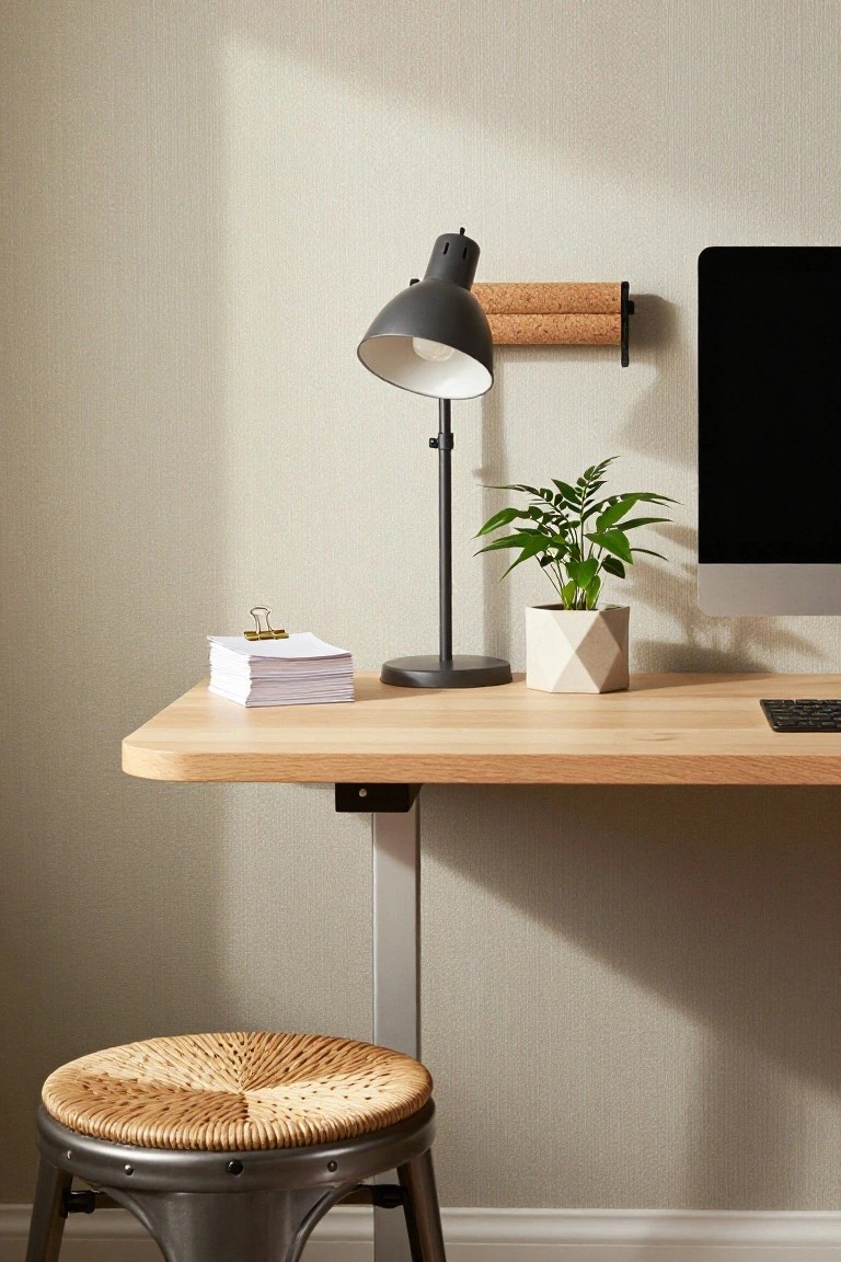 Beige corner office setup with oak standing desk, black lamp, geometric white plant pot, papers, keyboard, wall-mounted cork holder, and metal rattan stool.