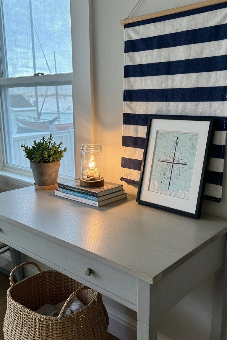 Light wood desk holding stacked books, mason jar lamp on shell base, potted succulent plant, and black-framed nautical chart on wall with navy and white striped banner hanging above, wicker basket with laundry below, window showing marina with boats.