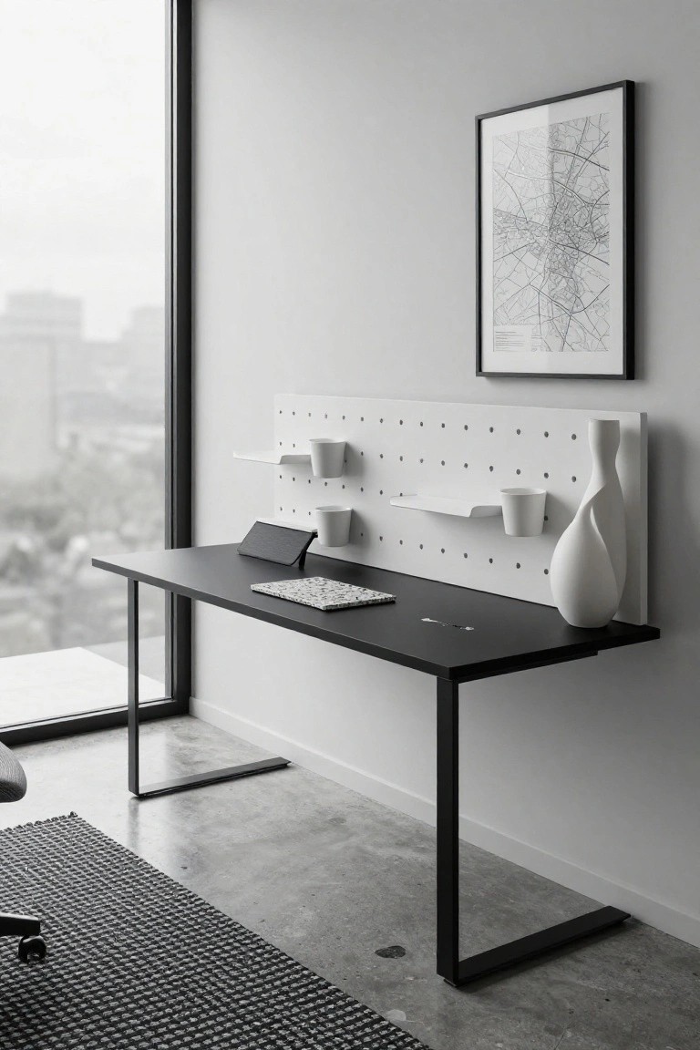Black desk with metal legs against a white pegboard wall panel holding shelves, cups, and a white vase, next to a large window in a minimalist office.