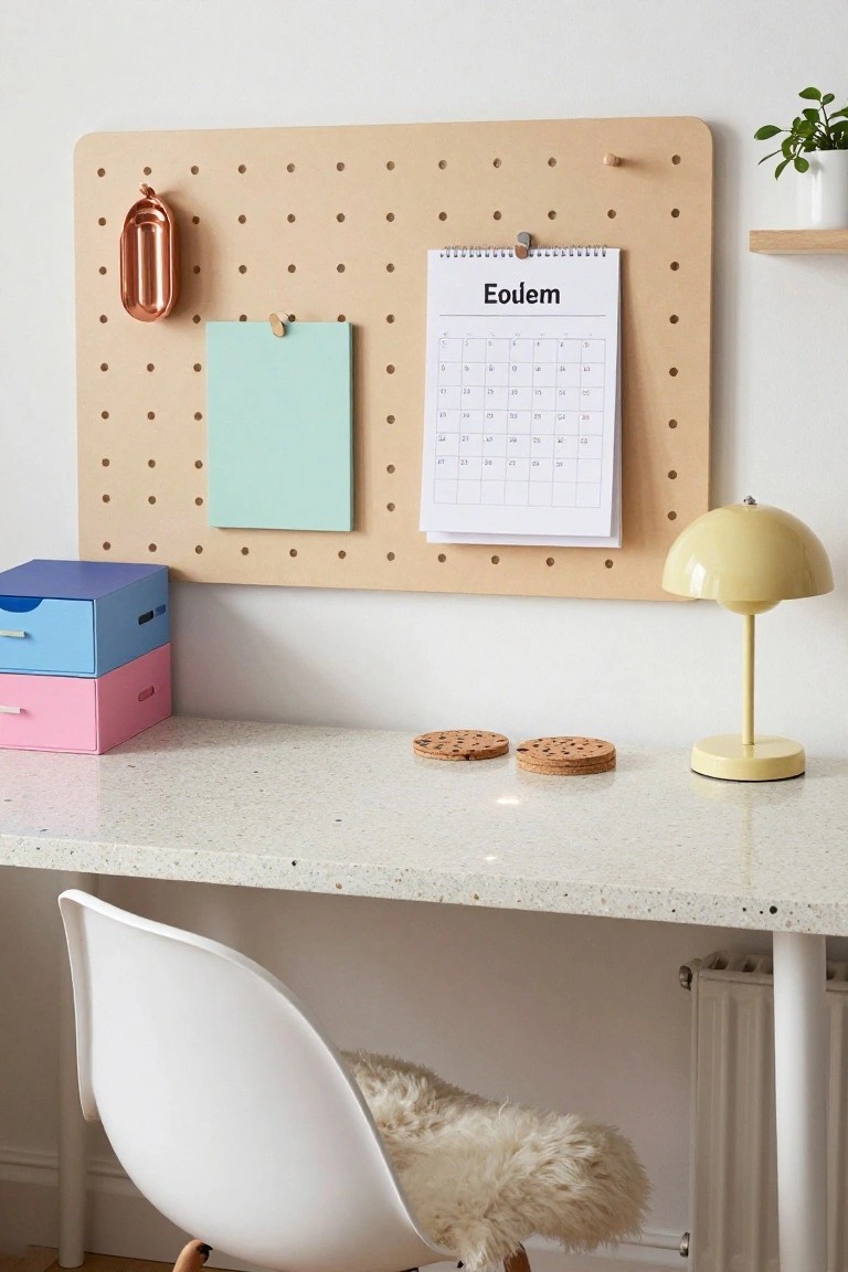 A home office setup featuring a beige pegboard wall with a pinned calendar labeled Eodem, green notepad, copper tray, and hooks, beside colorful storage boxes on a white quartz desk with a yellow lamp, white chair with sheepskin, and potted plant nearby.