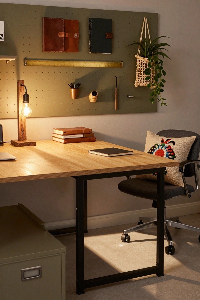 A home office with a light wood desk on black metal legs, a black office chair with a colorful pillow, and a green pegboard wall holding leather notebooks, a plant hanger, tools, pens, and a brass tape measure above wooden bookshelves and a wooden desk lamp.