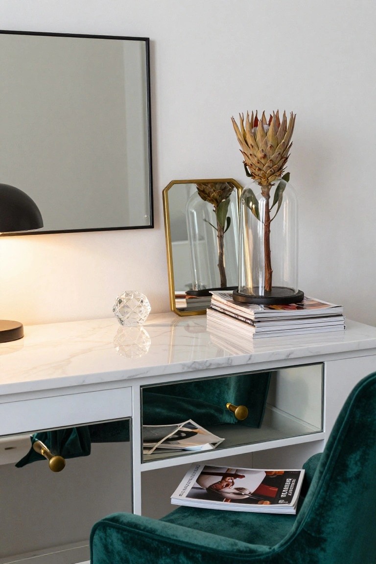 White marble-topped cabinet desk with brass knobs and integrated mirrors, featuring a tall glass cloche over a dried protea flower, stacked magazines, a crystal orb, black lamp, small gold mirror, and emerald green velvet chair in a contemporary room.