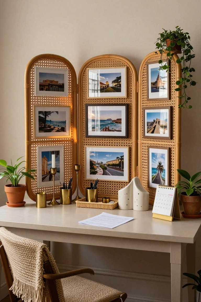 Three-panel rattan folding screen with multiple framed photos behind a white desk, with potted plants, gold accessories, and a woven chair in a beige room.