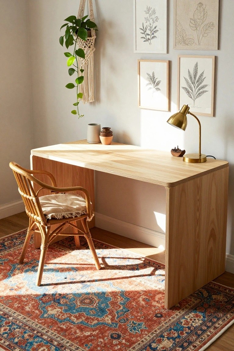 Home office corner with a light wood desk featuring rounded edges and corners, rattan chair with white cushion, hanging potted plant in macrame, botanical line art prints on walls, gold desk lamp, ceramic pots, and red and blue Persian-style rug on wood floor.