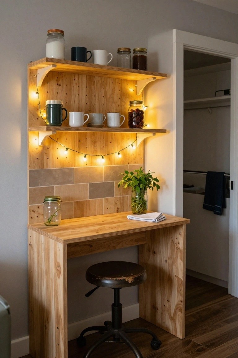 Wooden desk with open pine shelves above holding jars, mugs, and plants, illuminated by string lights, positioned in a corner near a beige brick backsplash and open doorway.