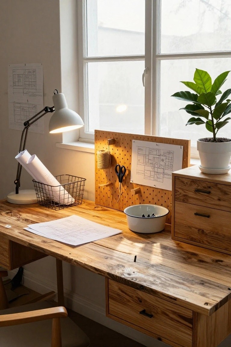 Home office with a rough-edged wooden desk and drawers, adjacent wooden cabinet, corkboard peg wall holding scissors and blueprint, desk lamp, basket of rolled papers, potted plant by window.