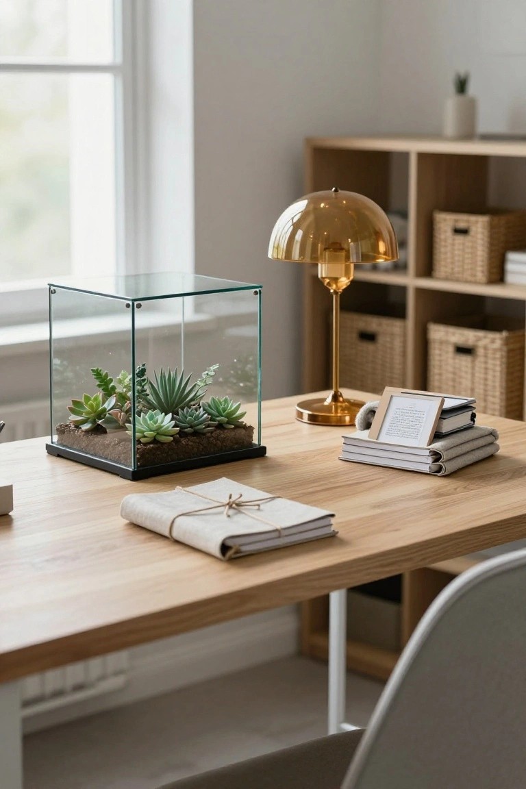 Wooden desk in a bright office room holding a glass terrarium with various succulents, a gold arched lamp, stacked notebooks, and a leather-bound journal.