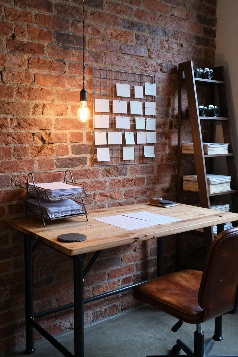 Home office with exposed brick wall, wooden desk on black metal pipe legs, brown leather swivel chair, wire grid memo board with notes, metal tray holding papers, and wooden ladder shelf with books and cameras.