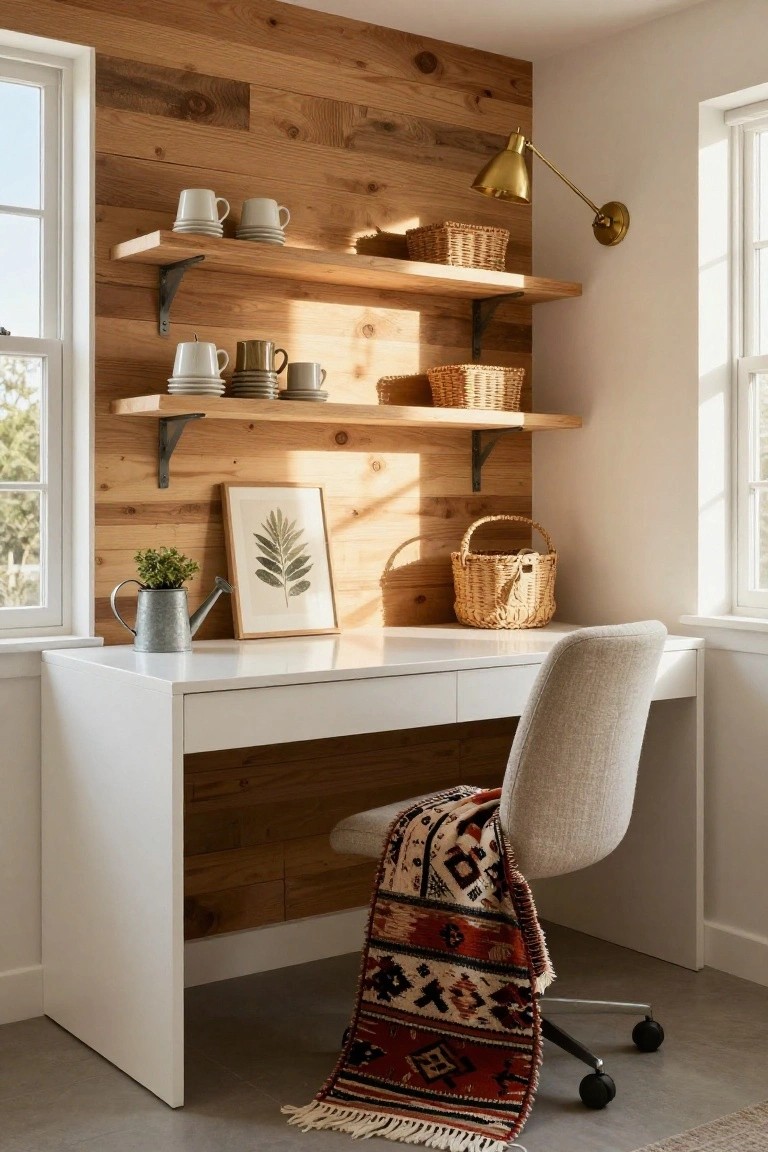 Home office corner with light wood vertical plank accent wall, floating wood shelves holding white ceramic mugs, stacked plates, woven baskets, a white desk, beige upholstered chair with colorful woven throw, metal watering can with plant, leaf artwork, brass swing-arm wall lamp, and window.