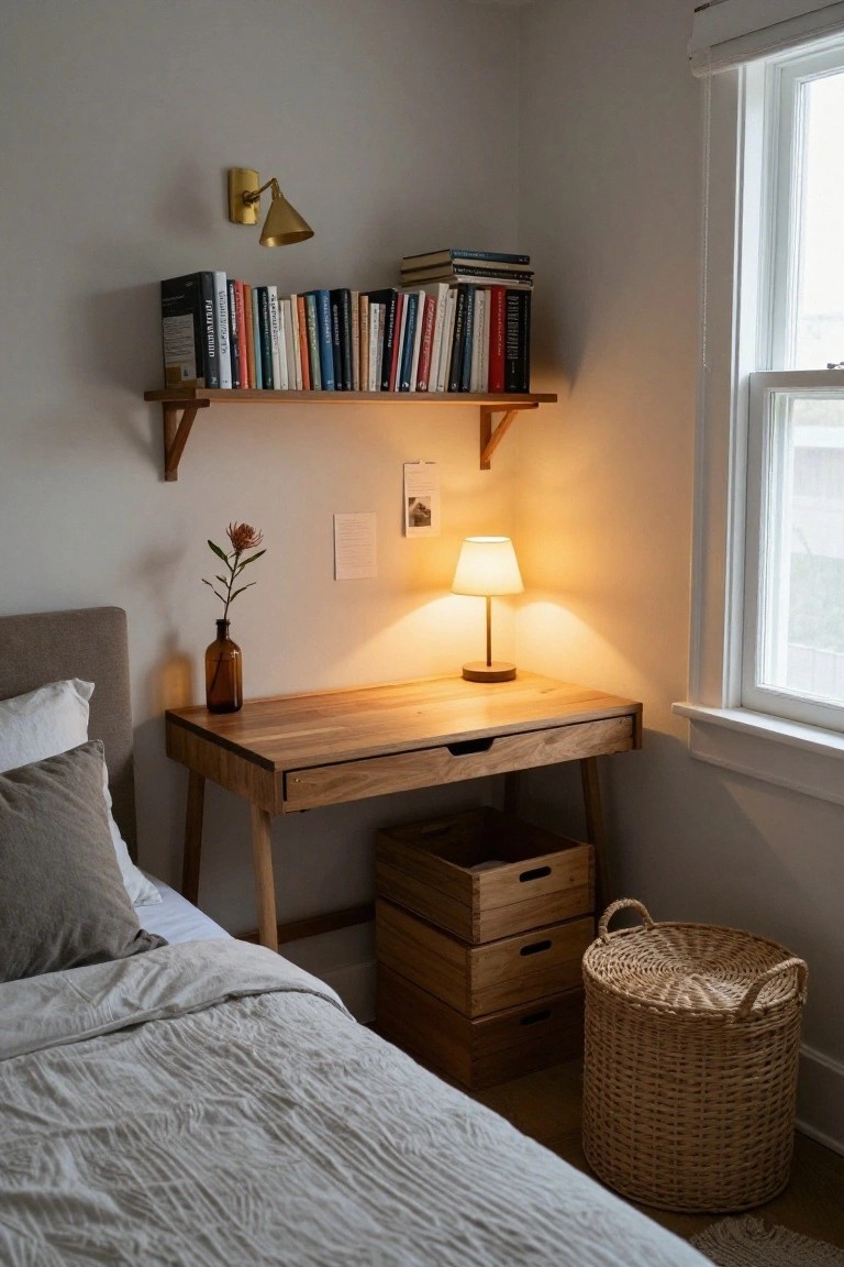 Bedroom corner featuring a wooden desk with drawers next to a bed, wall-mounted wooden shelves with books above, a table lamp, glass bottle vase with flower, and window.